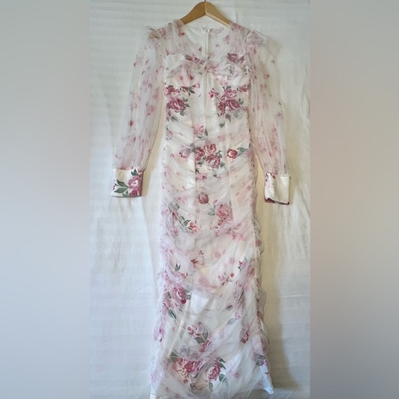 Pink and Cream Floral Long Sleeve Dress - Picture 2 of 4